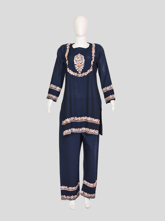 Zariya Kashmiri Aari Embroidered Navy Blue Silk Coord Set