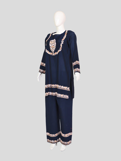 Zariya Kashmiri Aari Embroidered Navy Blue Silk Coord Set