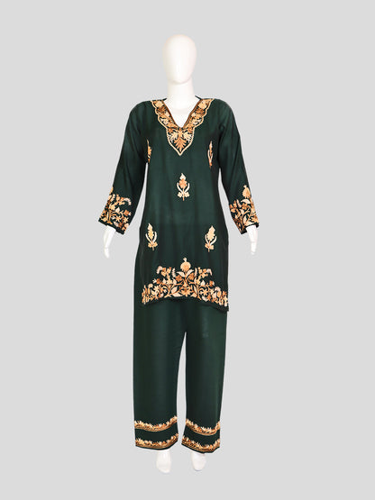 Zariya Kashmiri Aari Embroidered Dark Green Silk Coord Set