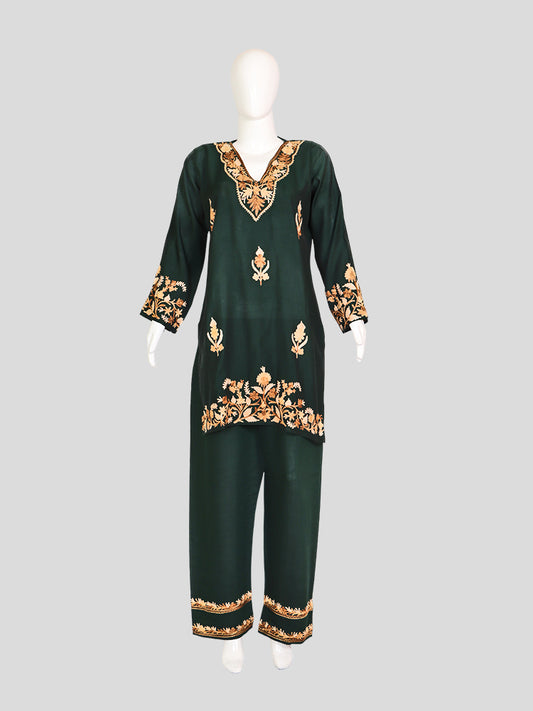 Zariya Kashmiri Aari Embroidered Dark Green Silk Coord Set