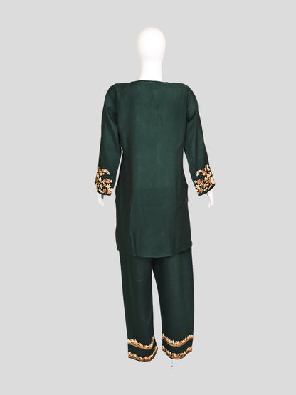 Zariya Kashmiri Aari Embroidered Dark Green Silk Coord Set