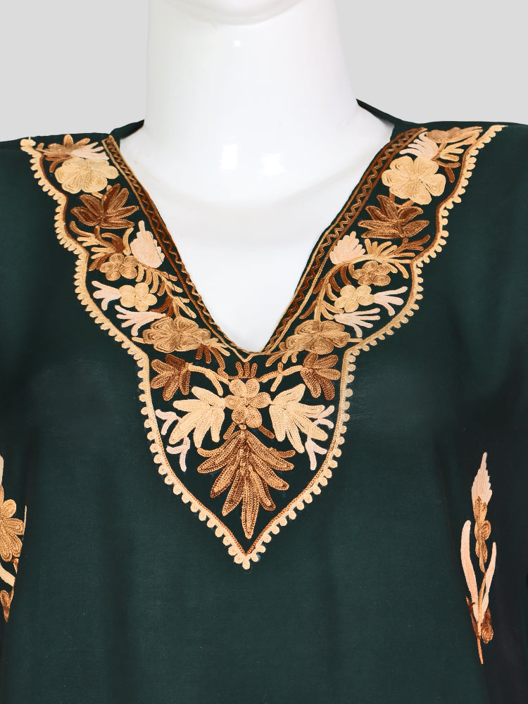 Zariya Kashmiri Aari Embroidered Dark Green Silk Coord Set