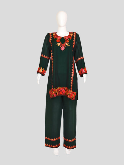 Zariya Kashmiri Aari Embroidered Timber Green Silk Coord Set