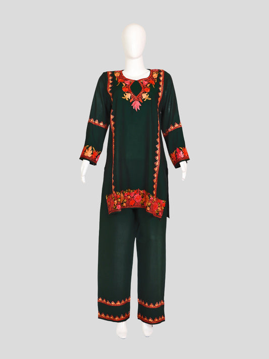 Zariya Kashmiri Aari Embroidered Timber Green Silk Coord Set