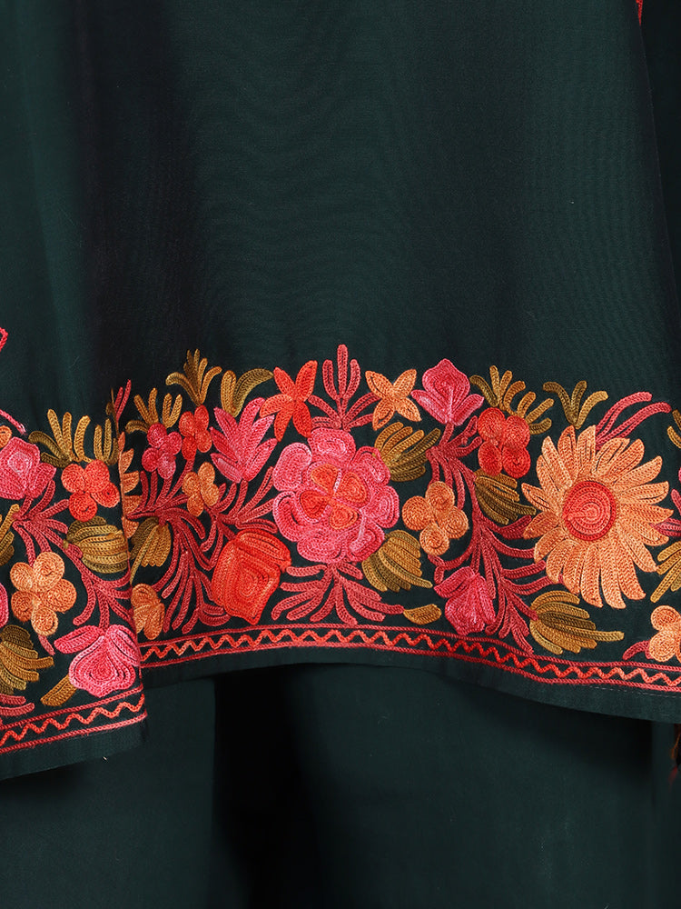 Zariya Kashmiri Aari Embroidered Timber Green Silk Coord Set