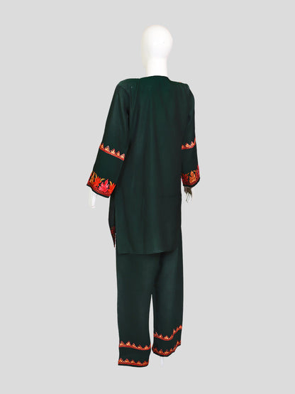 Zariya Kashmiri Aari Embroidered Timber Green Silk Coord Set