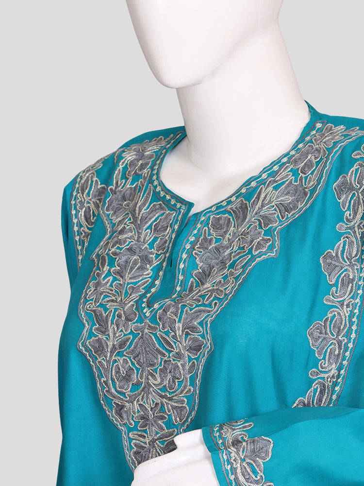 Zariya Kashmiri  Zari & Aari Embroidered Pacific Blue Silk Coord Set