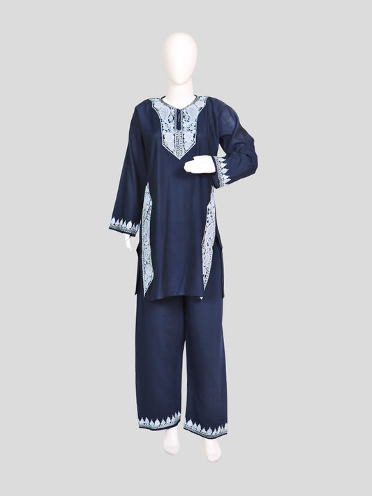 Zariya Kashmiri Aari Embroidered  Indigo Blue Silk Coord Set