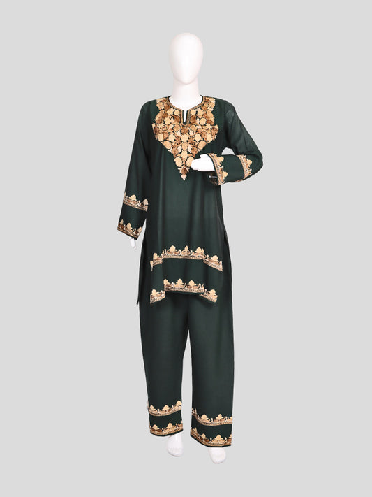 Zariya Kashmiri Aari Embroidered Deep Bottle Green Silk Coord Set