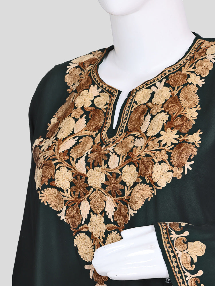 Zariya Kashmiri Aari Embroidered Deep Bottle Green Silk Coord Set