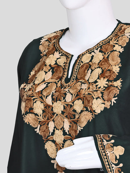 Zariya Kashmiri Aari Embroidered Deep Bottle Green Silk Coord Set