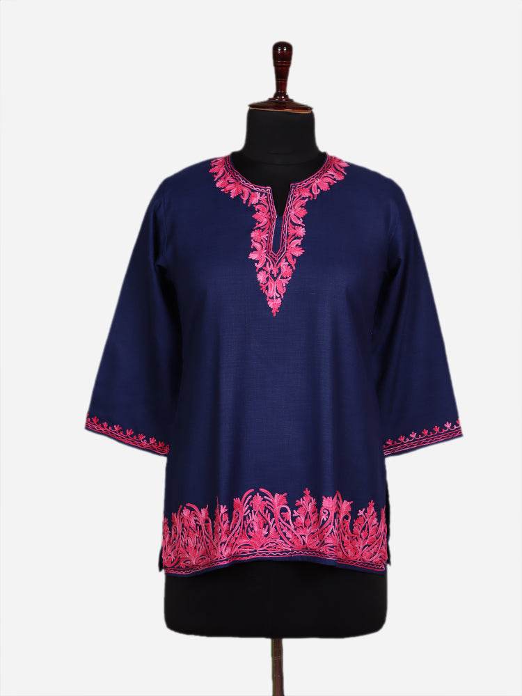 nAARI Navy Blue Kashmiri Aari Embroidered Cotton Kurti - Shopping in Kashmir