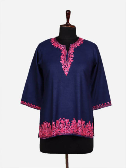 nAARI Navy Blue Kashmiri Aari Embroidered Cotton Kurti - Shopping in Kashmir
