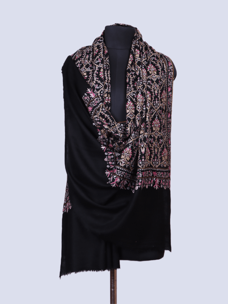Pink Adorned Black Jama Pashmina Shawl - Shopping in Kashmir