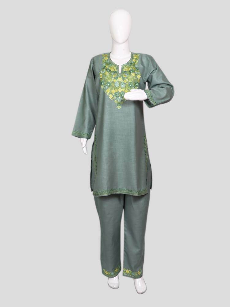 nAARI Kashmiri Aari Embroidered Natural Grey Cotton Coord Set - Shopping in Kashmir