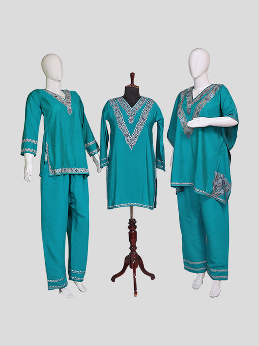 Zariya Teal Blue Silk Trio Edit - Kurti, Kaftan Set, & Coord Set