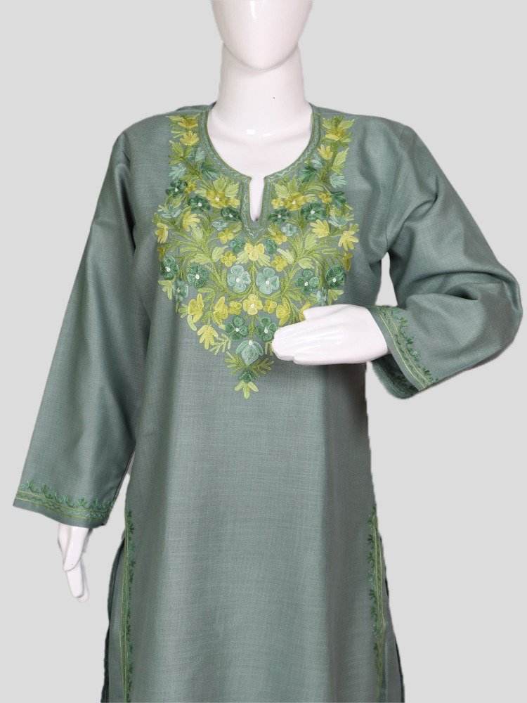 nAARI Kashmiri Aari Embroidered Natural Grey Cotton Coord Set - Shopping in Kashmir