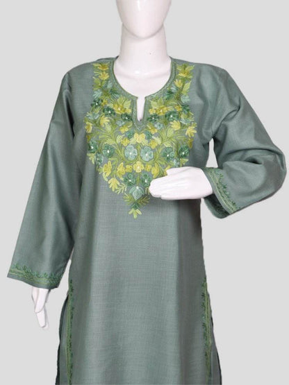 nAARI Kashmiri Aari Embroidered Natural Grey Cotton Coord Set - Shopping in Kashmir