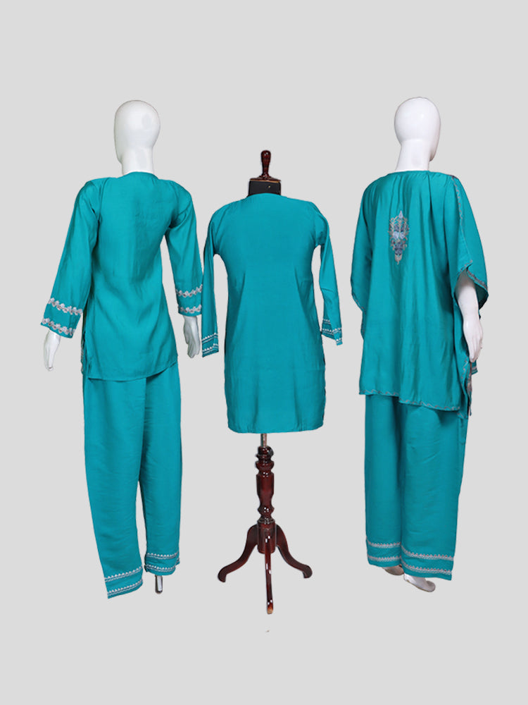 Zariya Teal Blue Silk Trio Edit - Kurti, Kaftan Set, & Coord Set
