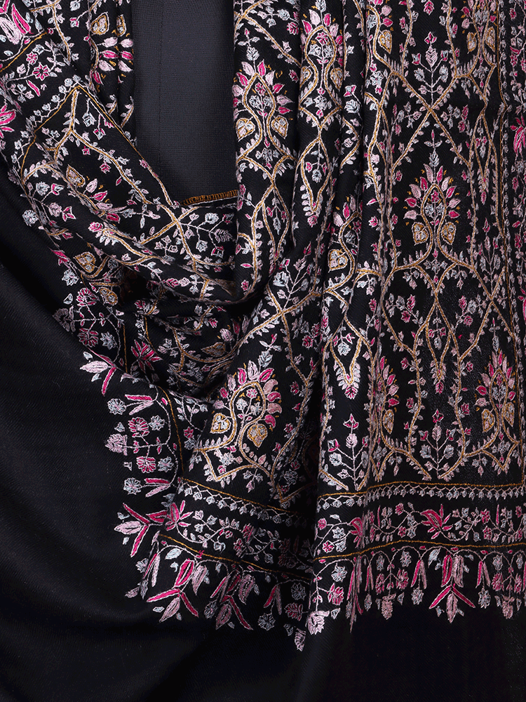 Pink Adorned Black Jama Pashmina Shawl - Shopping in Kashmir