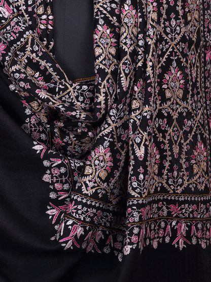 Pink Adorned Black Jama Pashmina Shawl - Shopping in Kashmir