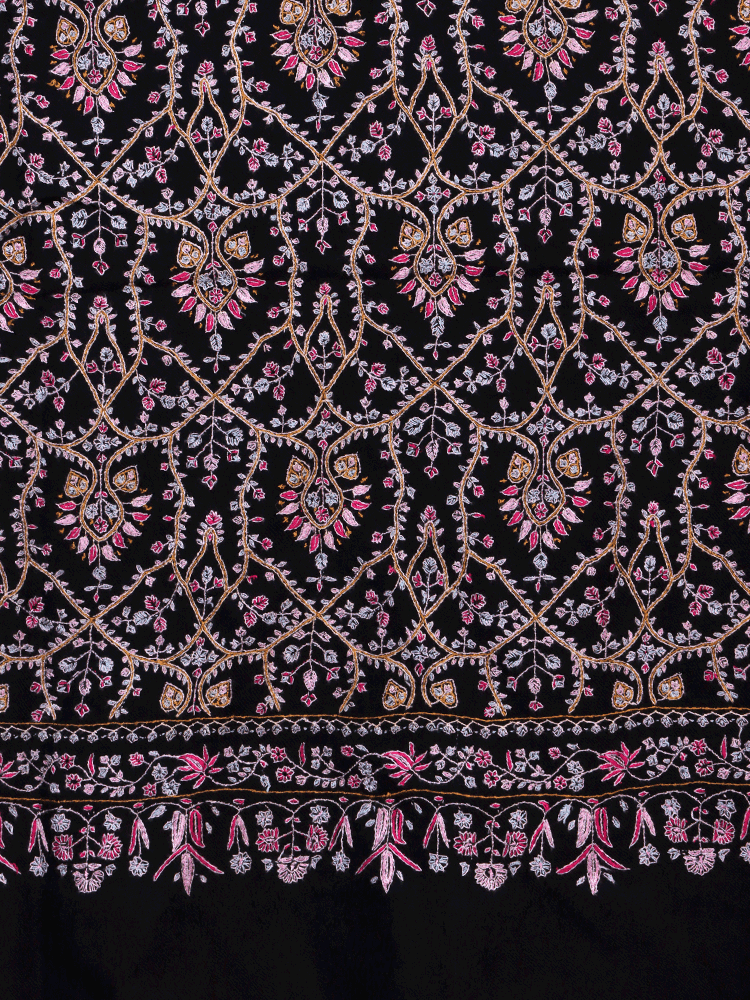 Pink Adorned Black Jama Pashmina Shawl - Shopping in Kashmir