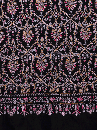 Pink Adorned Black Jama Pashmina Shawl - Shopping in Kashmir