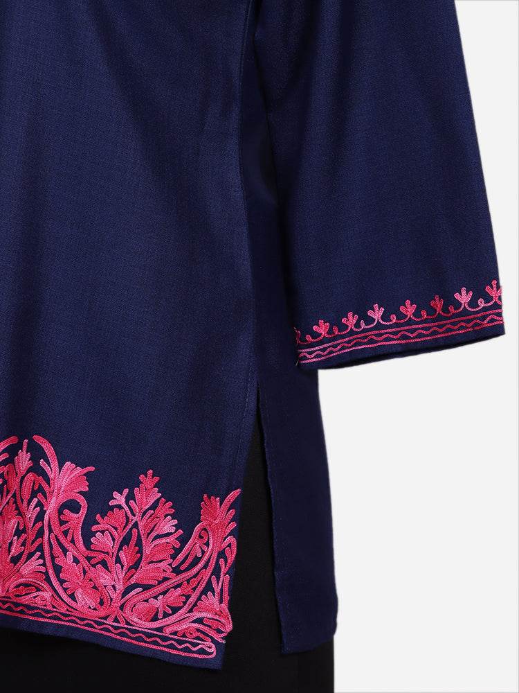 nAARI Navy Blue Kashmiri Aari Embroidered Cotton Kurti - Shopping in Kashmir