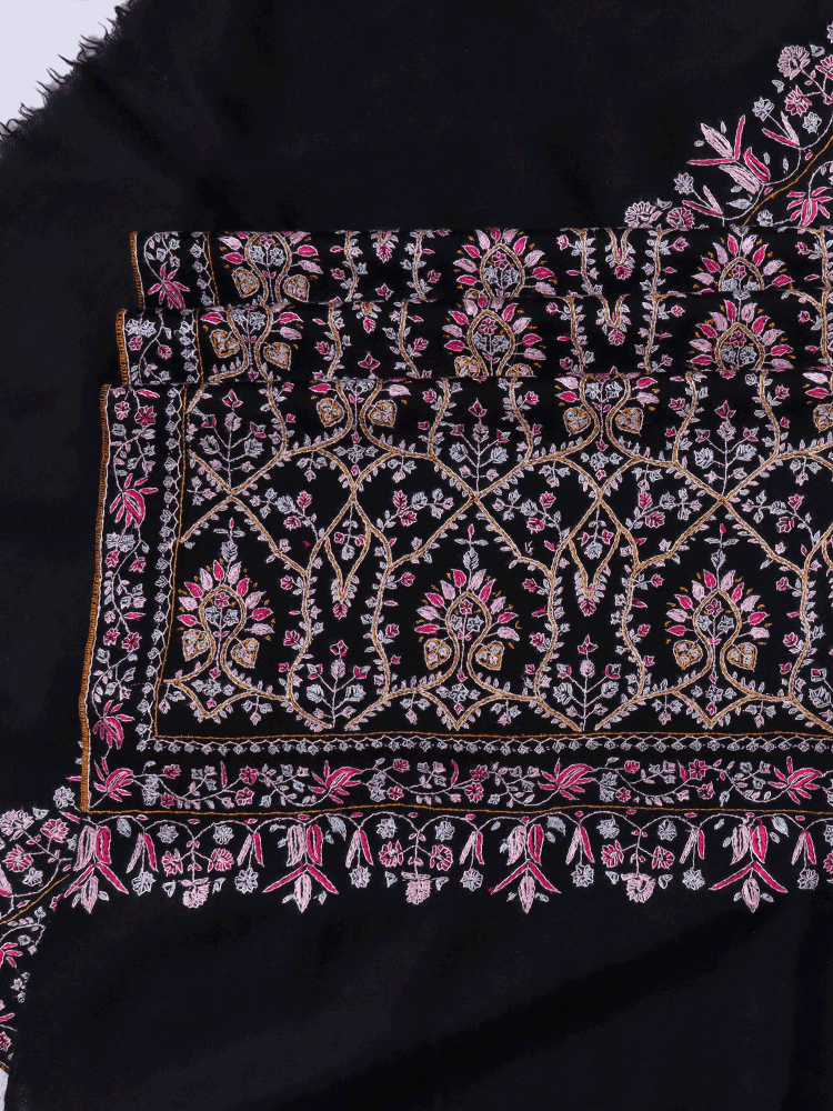 Pink Adorned Black Jama Pashmina Shawl - Shopping in Kashmir