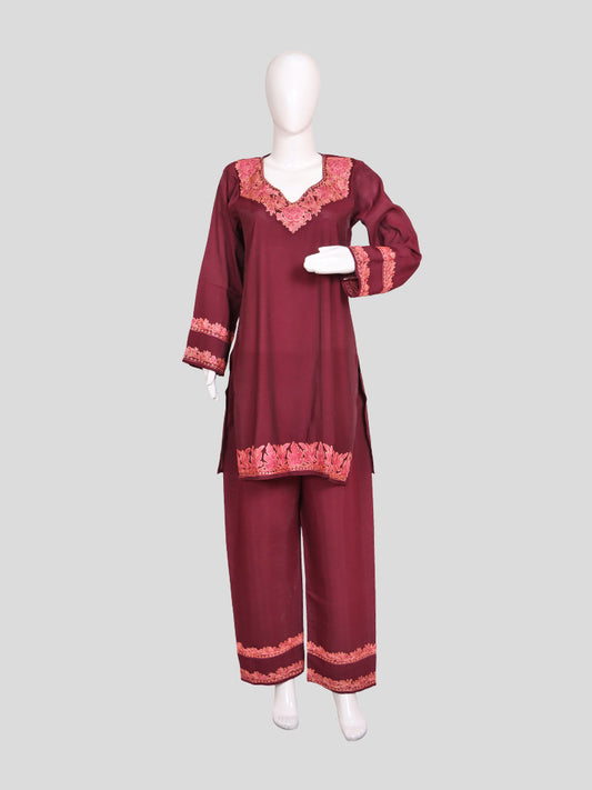 Zariya Kashmiri Aari Embroidered Deep Maroon Silk Coord Set