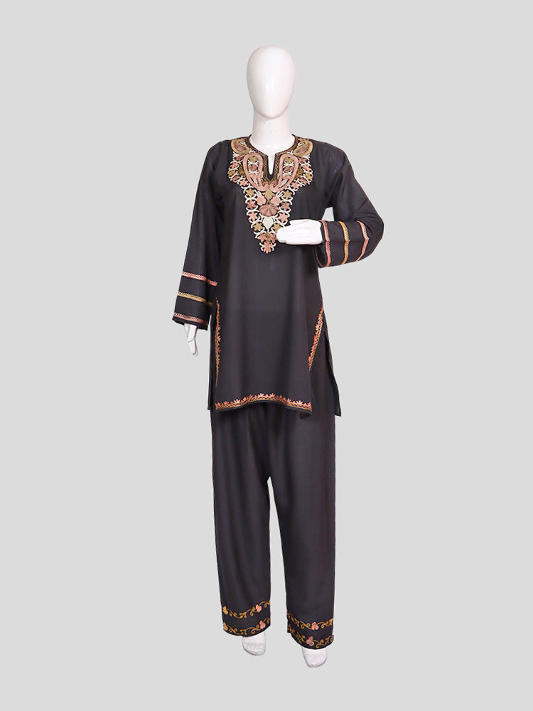 Zariya Kashmiri Aari Embroidered Charcoal Black Summer Cool Cotton Coord Set