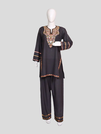 Zariya Kashmiri Aari Embroidered Charcoal Black Summer Cool Cotton Coord Set