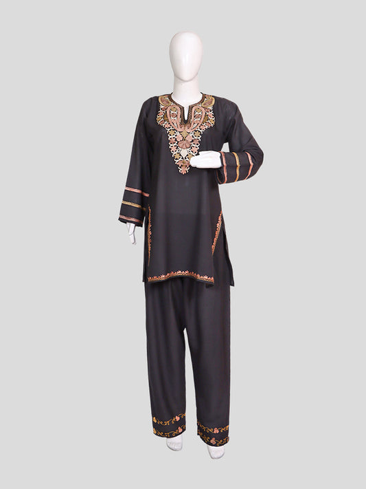 Zariya Kashmiri Aari Embroidered Charcoal Black Summer Cool Cotton Coord Set