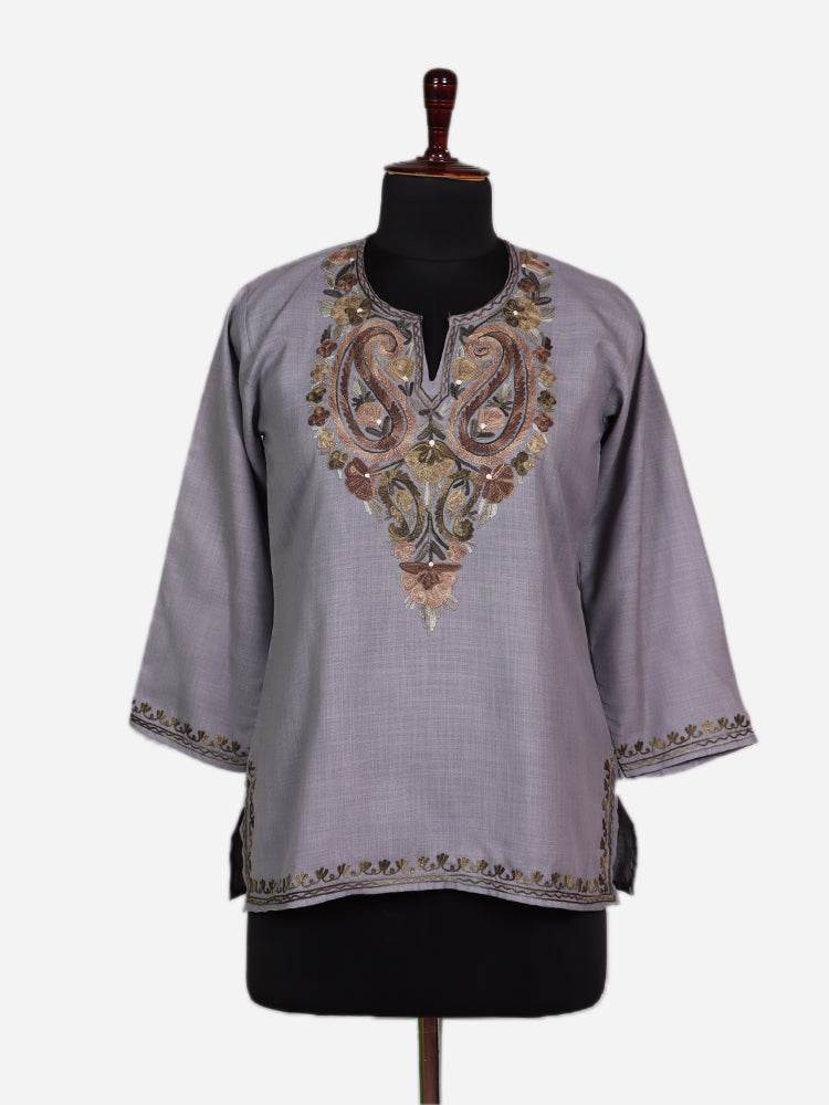 nAARI Cool Grey Kashmiri Aari Embroidered Cotton Kurti - Shopping in Kashmir