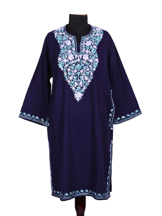 Navy Blue Cashmilon Wool Aari Embroidered Kashmiri Pheran - Pehnava