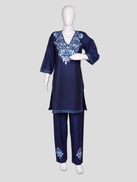 nAARI Kashmiri Aari Embroidered Royal Blue Cotton Coord Set - Shopping in Kashmir