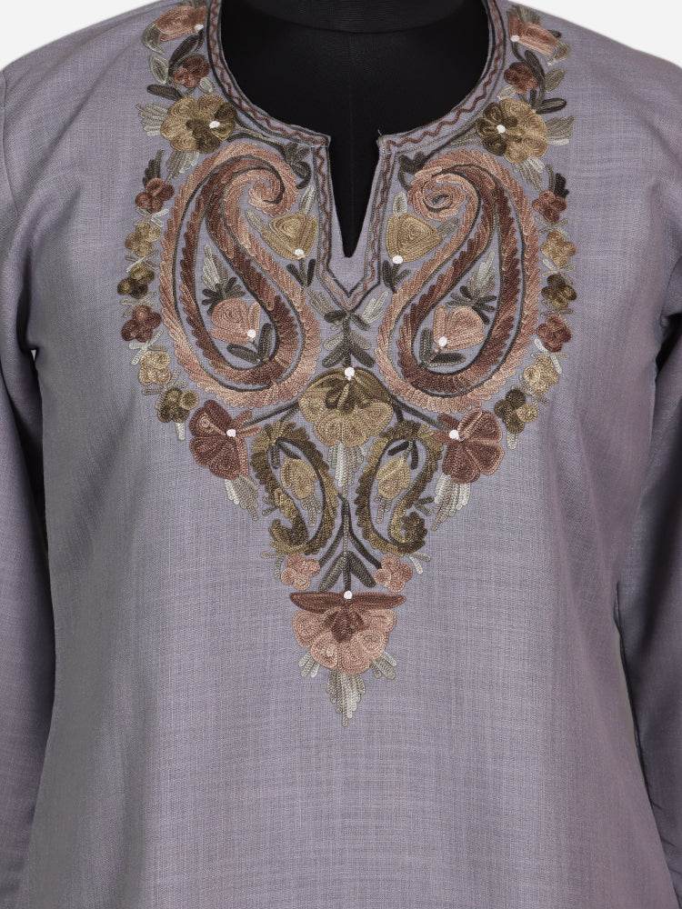 nAARI Cool Grey Kashmiri Aari Embroidered Cotton Kurti - Shopping in Kashmir