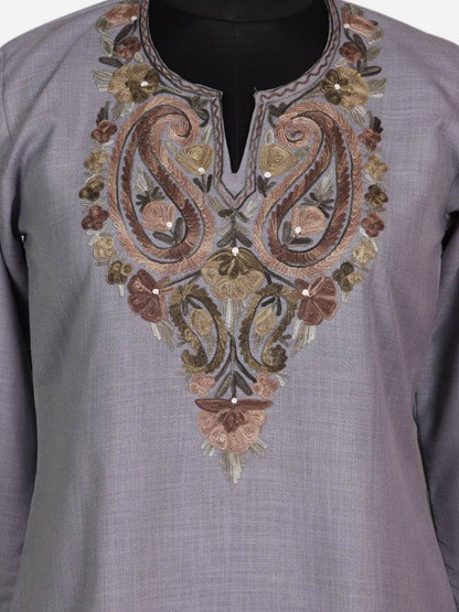 nAARI Cool Grey Kashmiri Aari Embroidered Cotton Kurti - Shopping in Kashmir