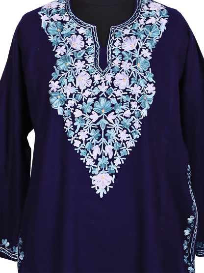 Navy Blue Cashmilon Wool Aari Embroidered Kashmiri Pheran - Pehnava