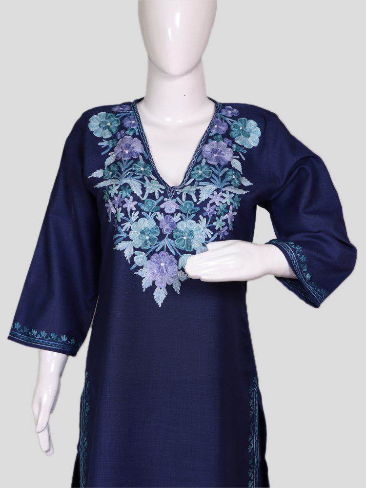 nAARI Kashmiri Aari Embroidered Royal Blue Cotton Coord Set - Shopping in Kashmir