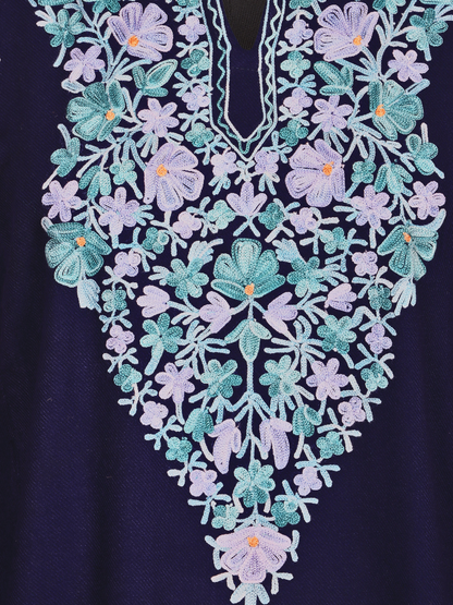 Navy Blue Cashmilon Wool Aari Embroidered Kashmiri Pheran - Pehnava