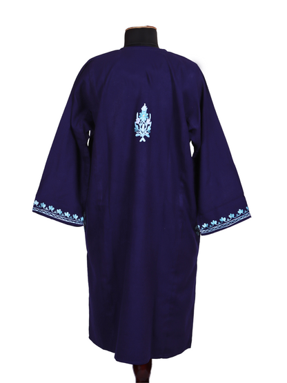 Navy Blue Cashmilon Wool Aari Embroidered Kashmiri Pheran - Pehnava