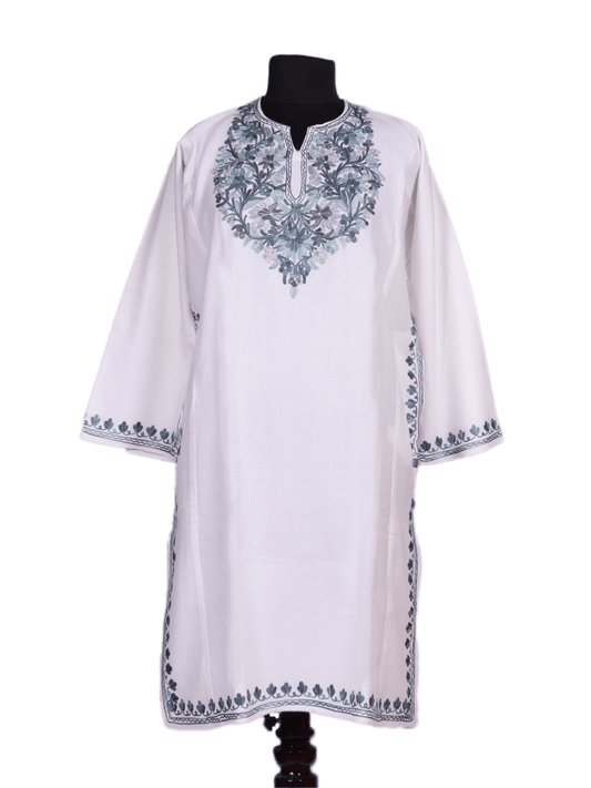Nava-e-Poshkaar: Poshkar White Aari Embriodery pheran - Shopping in Kashmir