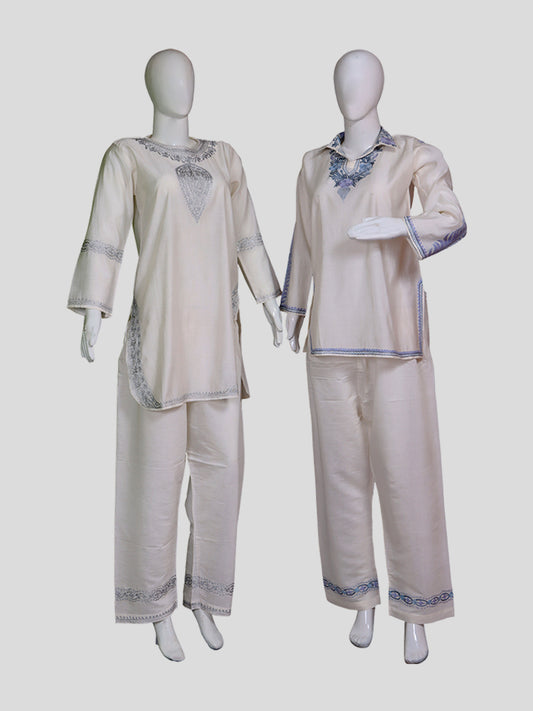 Zariya Cream-White Silk Twins - Zari Kurti Set & Aari Kaftan Set
