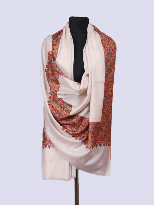 White Base Dordar Work Pashmina Shawl - Shopping in Kashmir