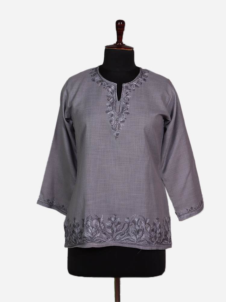 nAARI Smoke Grey Kashmiri Aari Embroidered Cotton Kurti - Shopping in Kashmir
