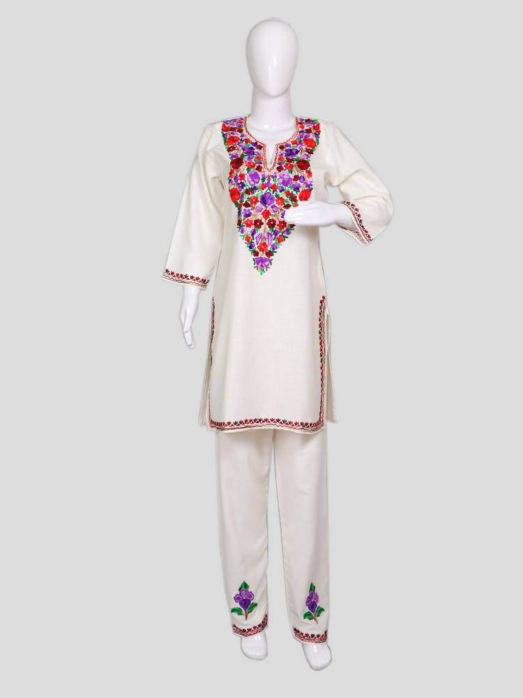 nAARI Kashmiri Aari Embroidered Off-white Cotton Coord Set - Shopping in Kashmir