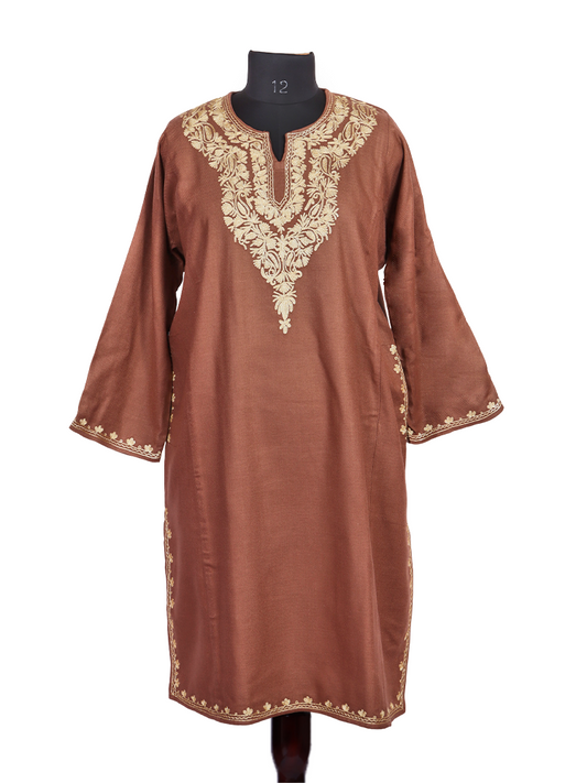 Dusky Brown Cashmilon Wool Zari Embroidered Kashmiri Pheran - Pehnava