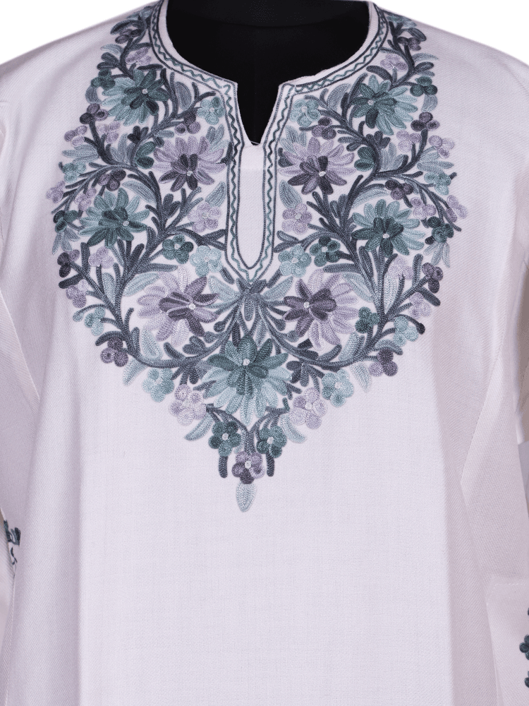 Nava-e-Poshkaar: Poshkar White Aari Embriodery pheran - Shopping in Kashmir