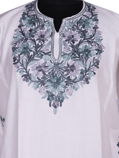 Nava-e-Poshkaar: Poshkar White Aari Embriodery pheran - Shopping in Kashmir